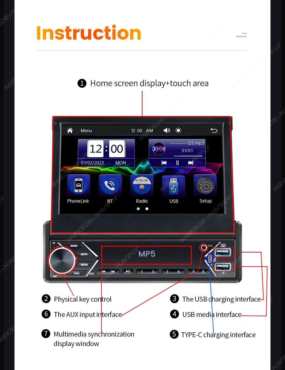 1-DIN 7in retractable car stereo with touch screen MP5, CarPlay, dual USB ports on Tampa Home & Garden Store