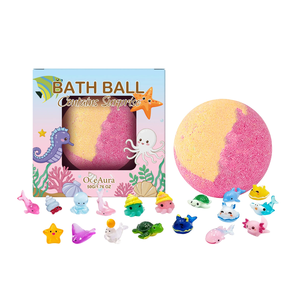 12pc bath bomb set with colorful speckled spheres and surprise toys in ocean-themed packaging on Tampa Home & Garden Store