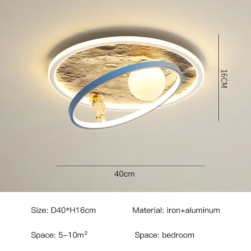 DecorBites Kids Moon Astronaut LED Ceiling Light with blue orbit rings on Tampa Home & Garden Store
