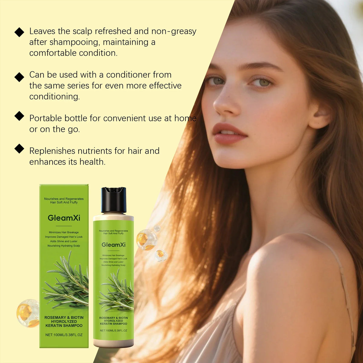 Shampoo Silcy Skin Rosemary & Biotin Hydrolyzed Keratin, green GleamXi packaging on Tampa Home & Garden Store