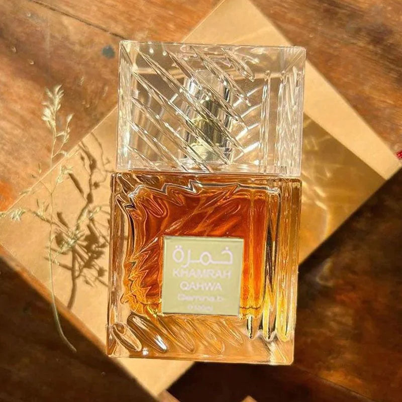 Khamrah unisex perfume bottle with amber liquid, square faceted glass, gift-box style cap on Tampa Home & Garden Store