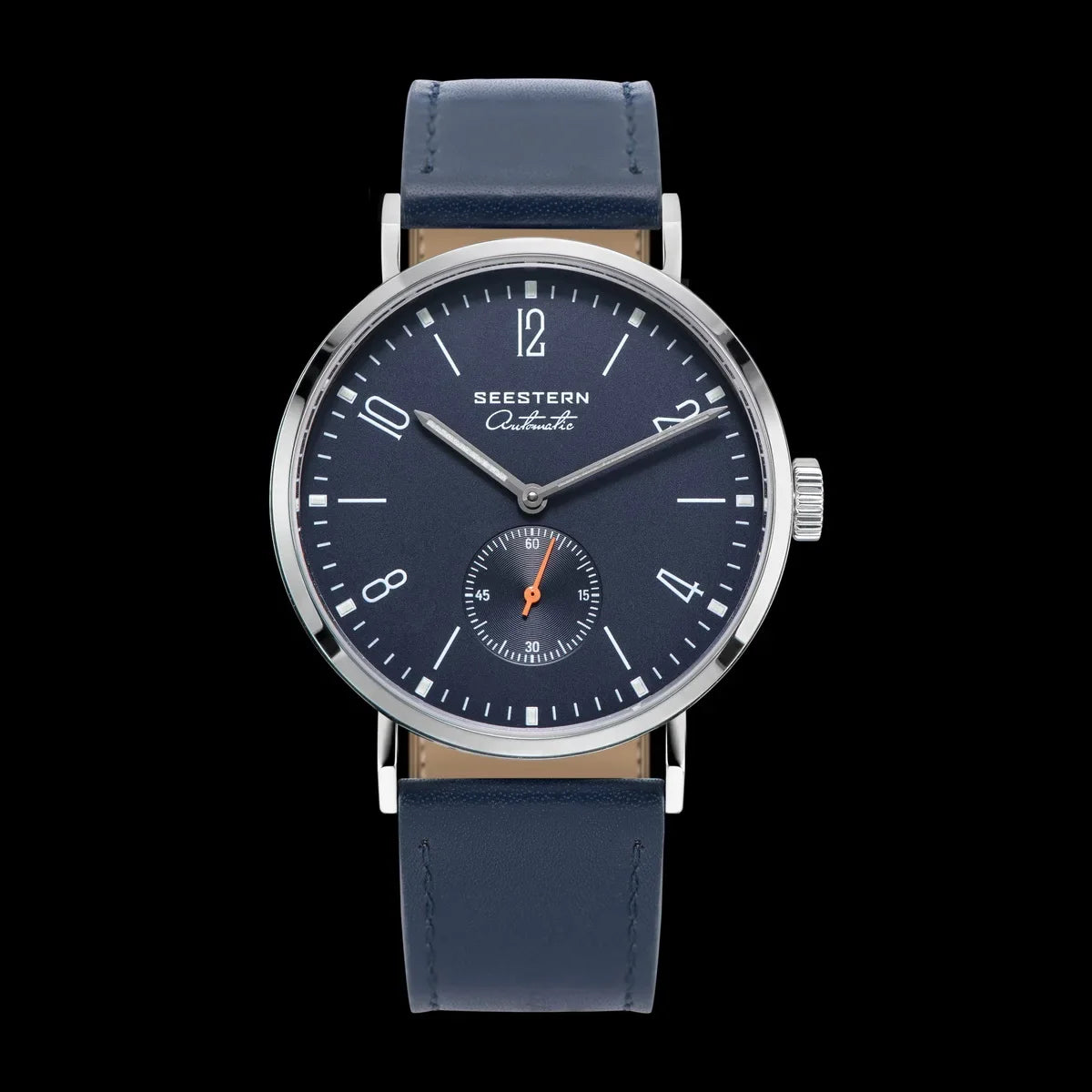 Seestern men's ultra-thin automatic dress watch with navy dial and blue leather strap on Tampa Home & Garden Store