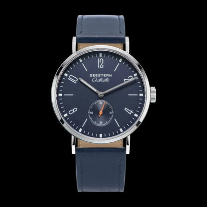 Seestern men's ultra-thin automatic dress watch with navy dial and blue leather strap on Tampa Home & Garden Store