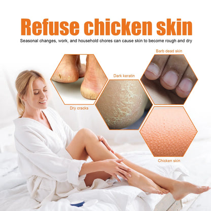 Jaysuing Foot exfoliating spray by Silcy Skin; foot care collage shows dry cracked heels, dark keratin, chicken skin; woman in white robe on Tampa Home & Garden Store