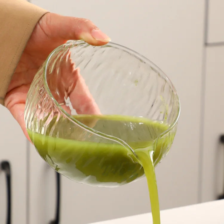 Ribbed glass matcha bowl pouring vibrant green matcha, Perfecsy kit accessory on Tampa Home & Garden Store