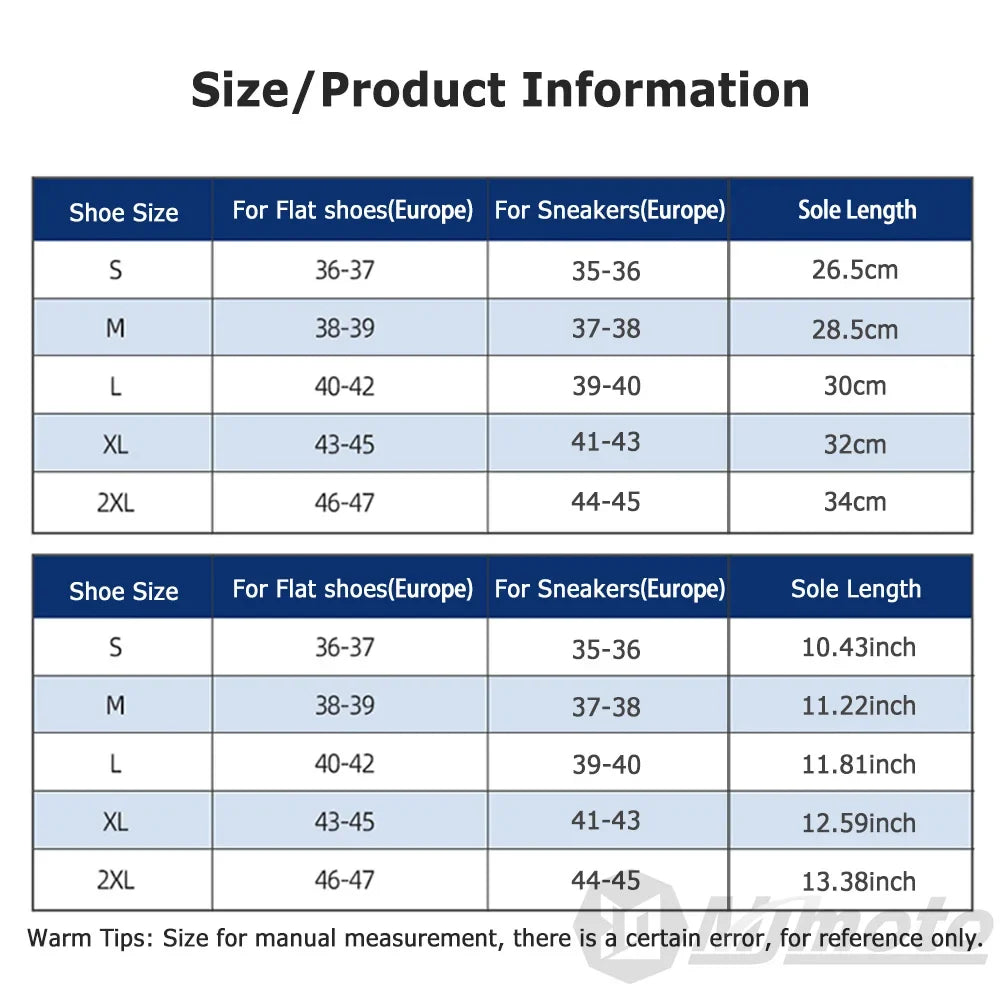Motorcycle shoe cover size chart by BikerZoneZ with S-2XL fits and sole lengths on Tampa Home & Garden Store