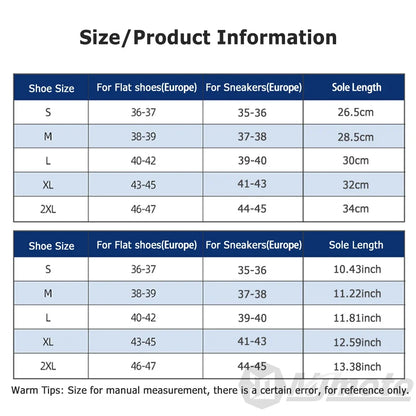 Motorcycle shoe cover size chart by BikerZoneZ with S-2XL fits and sole lengths on Tampa Home & Garden Store