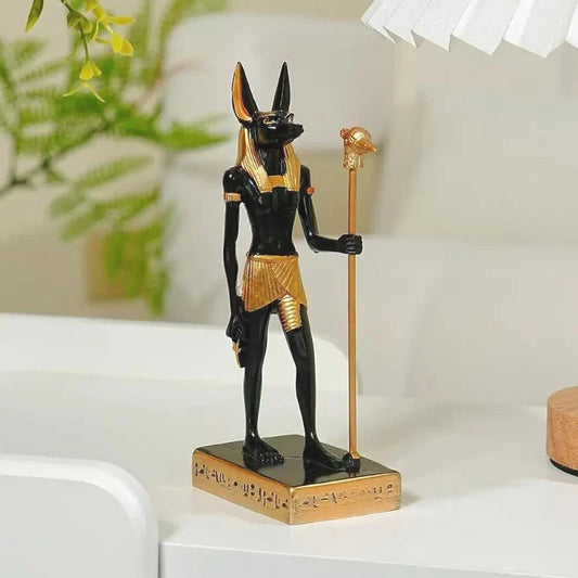 Anubis statue resin figurine, Egyptian god of death, black with gold accents, staff, base on Tampa Home & Garden Store