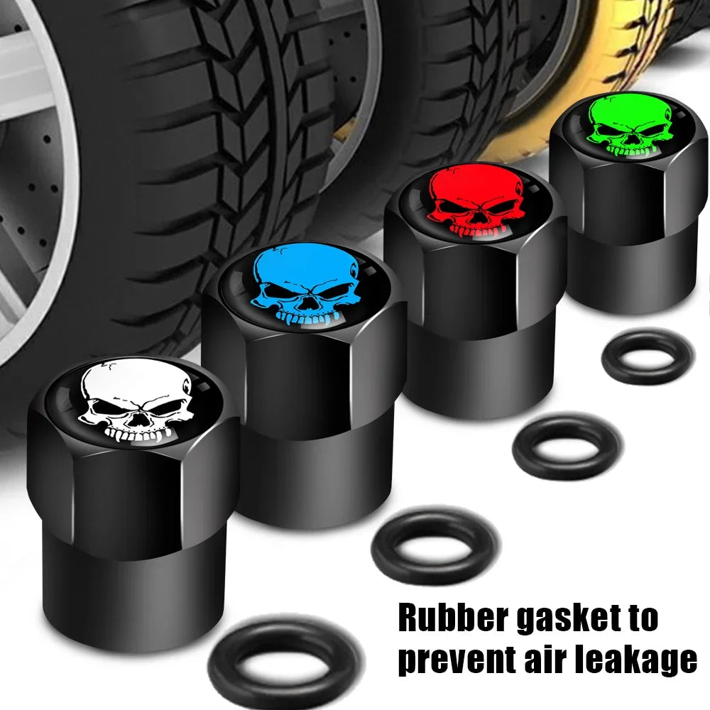 Valve stem caps set 4pc with rubber gaskets skull tops white blue red green by BikerZoneZ on Tampa Home & Garden Store