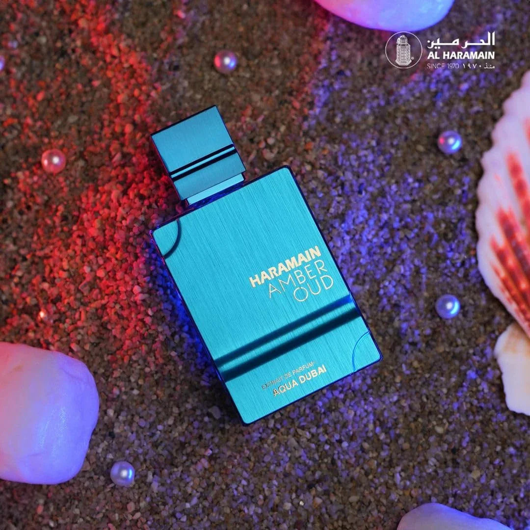 Al Haramain Amber Oud Aqua Dubai eau de cologne bottle, blue metallic finish, unisex 2 oz on Tampa Home & Garden Store
