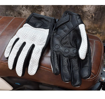 Motorcycle Retro Leather Gloves by BikerZoneZ, white perforated palm and black back, pair on Tampa Home & Garden Store