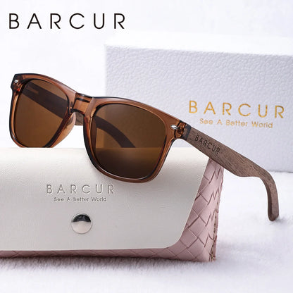 BARCUR wooden polarized oval sunglasses brown frame with textured temples UVA UVB protection on Tampa Home & Garden Store