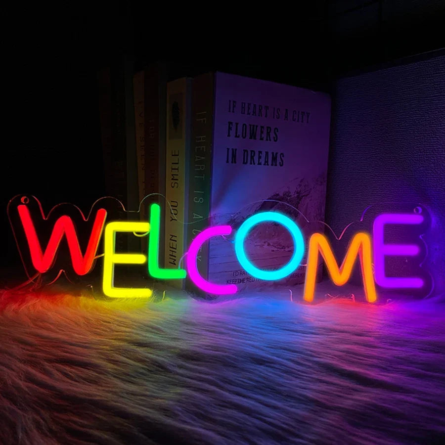 Welcome neon sign USB powered wall lamp in multicolor for restaurants bars cafes decor on Tampa Home & Garden Store