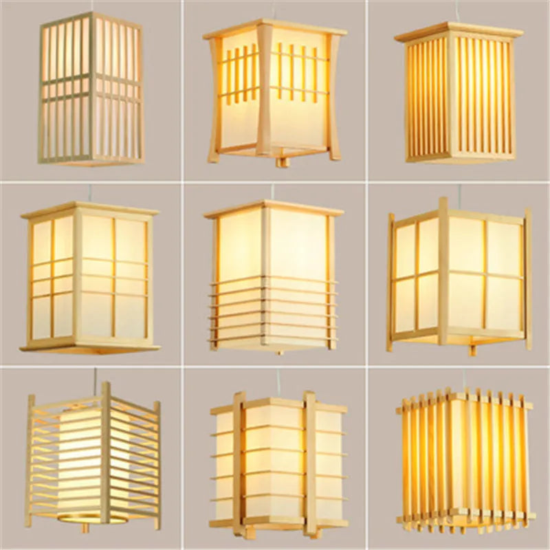 Solid wooden pendant light by Perfecsy; nine Japanese-style lattice lanterns with warm glow on Tampa Home & Garden Store