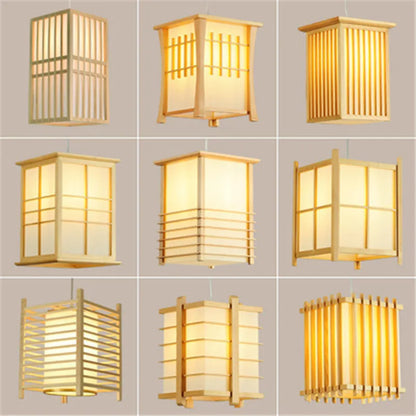Solid wooden pendant light by Perfecsy; nine Japanese-style lattice lanterns with warm glow on Tampa Home & Garden Store