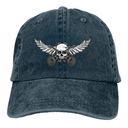 Baseball cap multicolor skull wing guitar graphic on blue denim, BikerZoneZ on Tampa Home & Garden Store