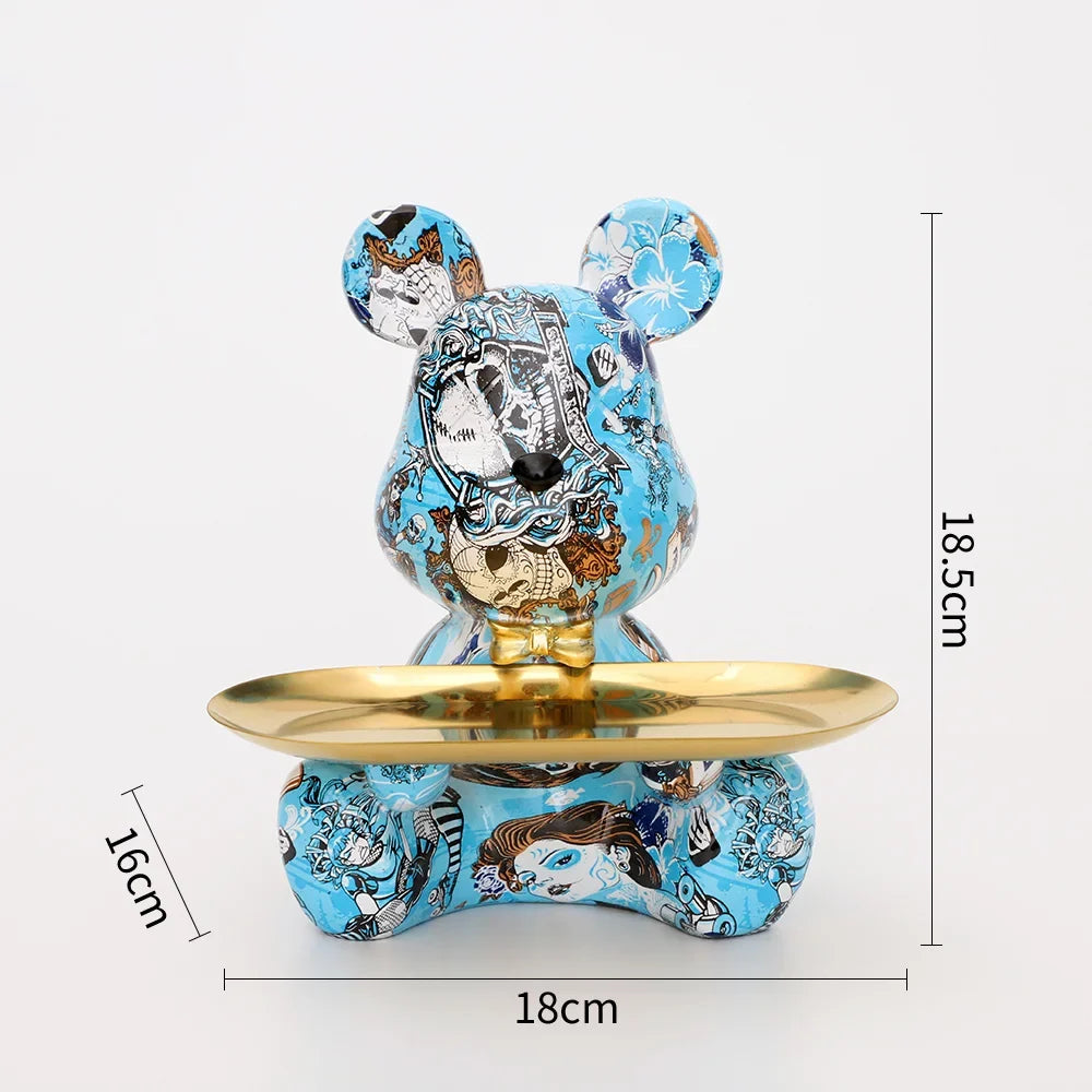 Blue graffiti bear figurine with gold storage dish, decorative resin statue for keys on Tampa Home & Garden Store