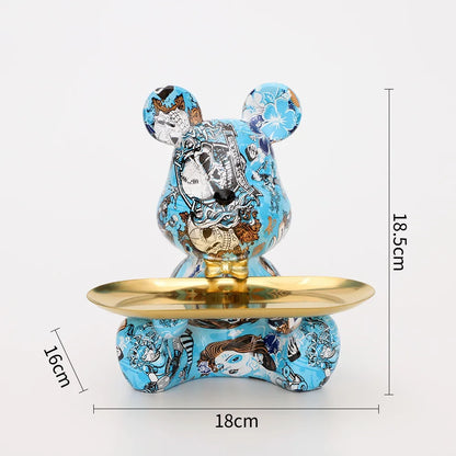 Blue graffiti bear figurine with gold storage dish, decorative resin statue for keys on Tampa Home & Garden Store