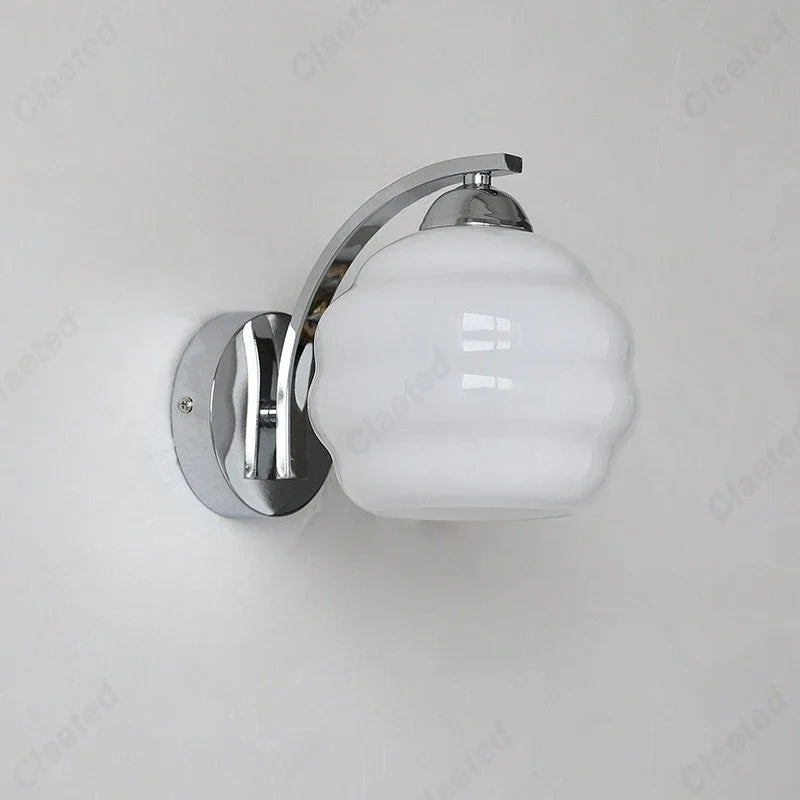 European retro glass wall lamp by Perfecsy with chrome curved arm and white frosted shade, E27 on Tampa Home & Garden Store