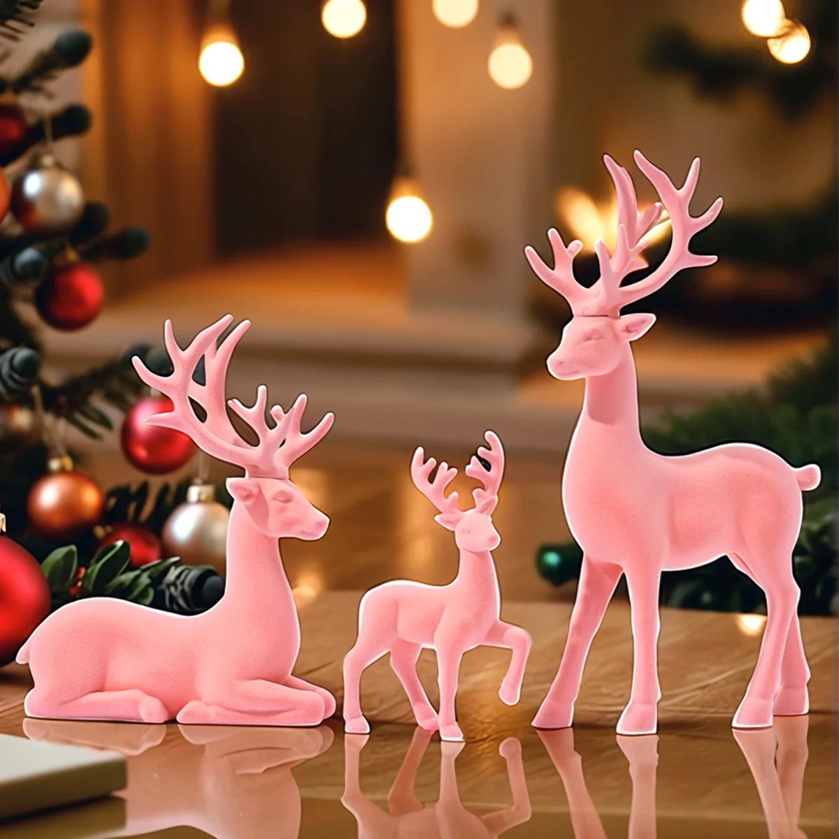 Reindeer figurines set of 3 pink flocked synthetic resin Christmas decor on Tampa Home & Garden Store