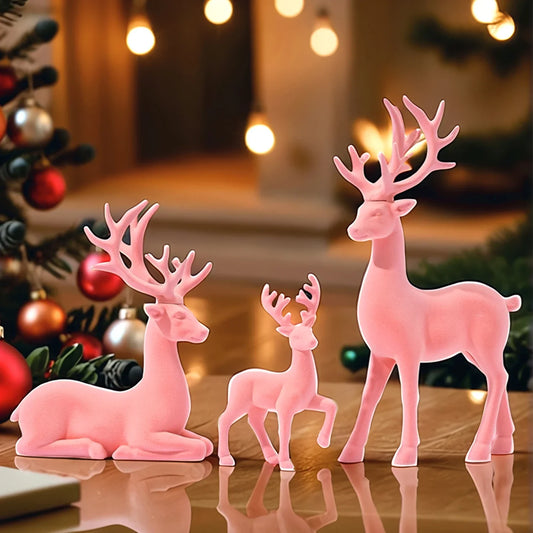 Reindeer figurines set of 3 pink flocked synthetic resin Christmas decor on Tampa Home & Garden Store