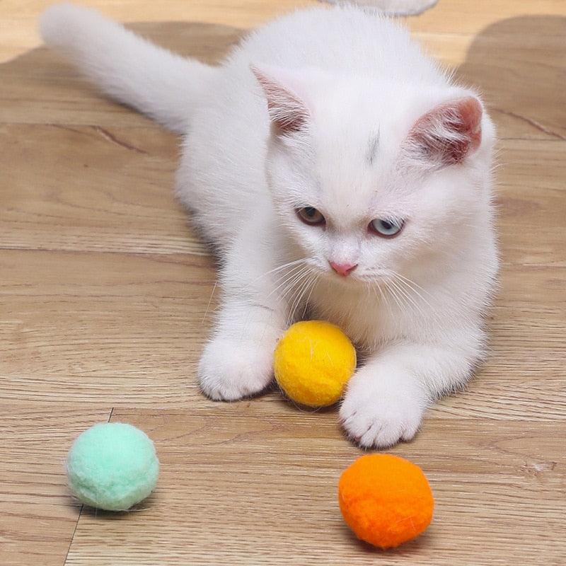 Stevvex cat plush balls set; white kitten plays with 3 colorful felt balls on wood floor on Tampa Home & Garden Store