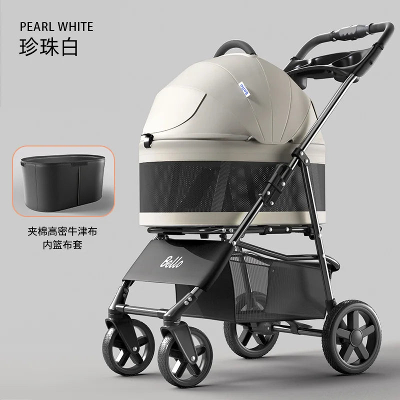 Dog stroller Pet Zen Pearl White One-Pull Open Ver foldable for small dogs with mesh basket on Tampa Home & Garden Store