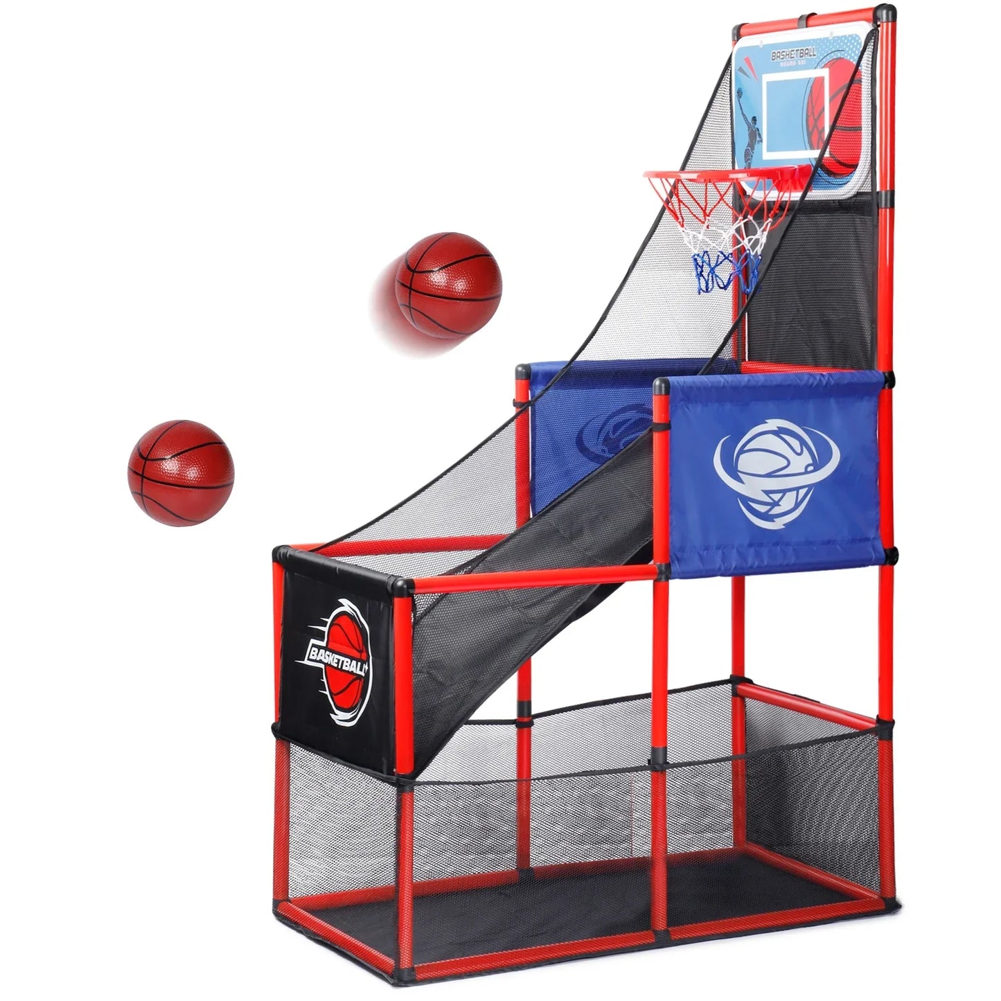 Arcade basketball game with red frame, hoop, backboard, and blue padding; includes two balls on Tampa Home & Garden Store
