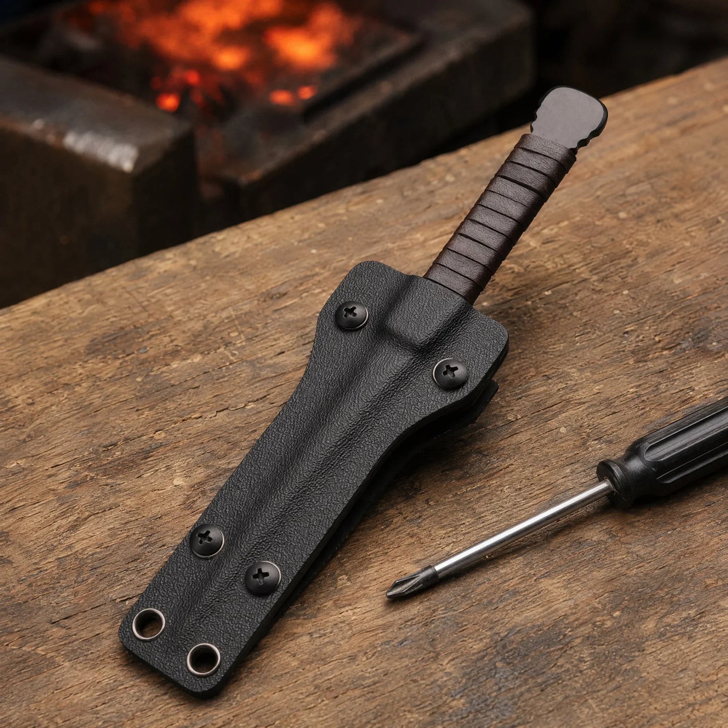 Compact Steel and Leather Camping Knife Tool