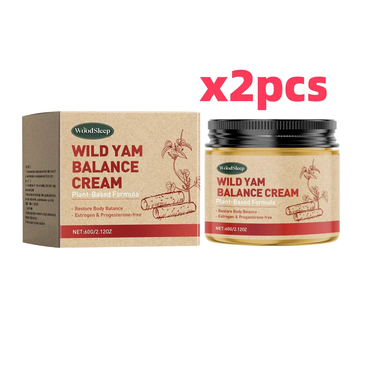 Wild Yam Balance Cream jar and kraft box by WoodSleep, plant-based formula, x2pcs on Tampa Home & Garden Store