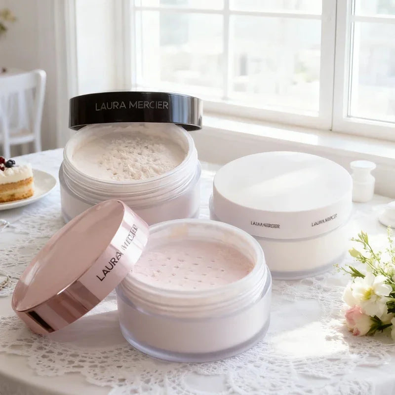 Laura Mercier translucent loose powder jars with white and pink lids on lace table by window on Tampa Home & Garden Store