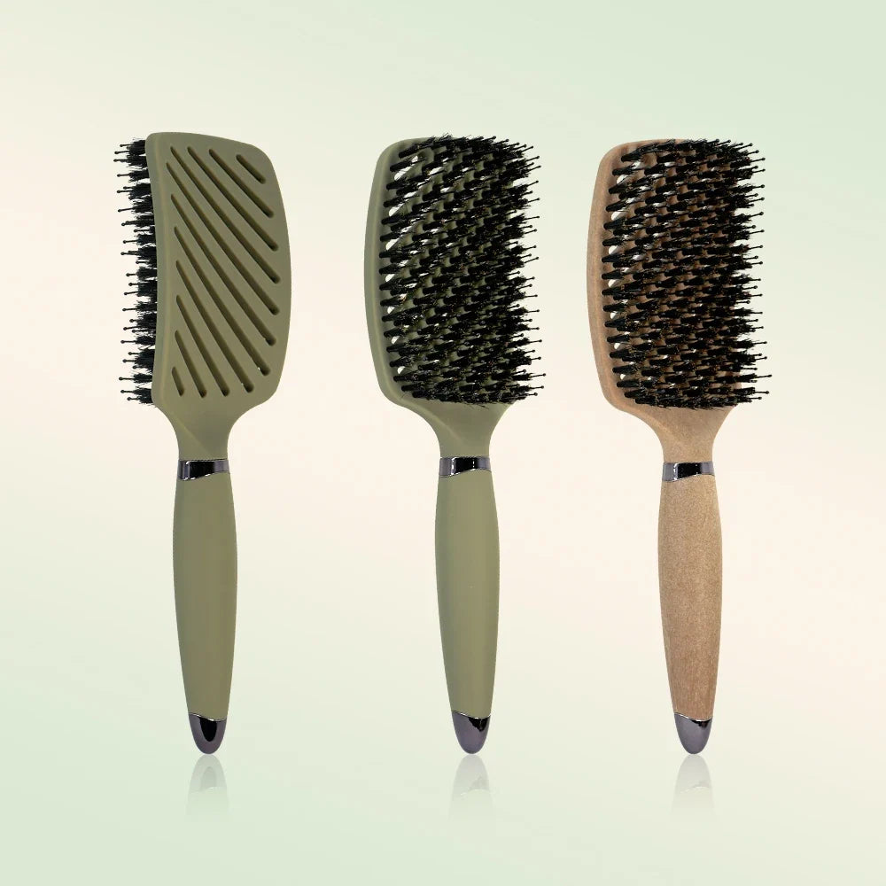3-piece detangling hair brush set with anti-static bristles in olive green and wooden handles on Tampa Home & Garden Store