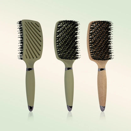 3-piece detangling hair brush set with anti-static bristles in olive green and wooden handles on Tampa Home & Garden Store