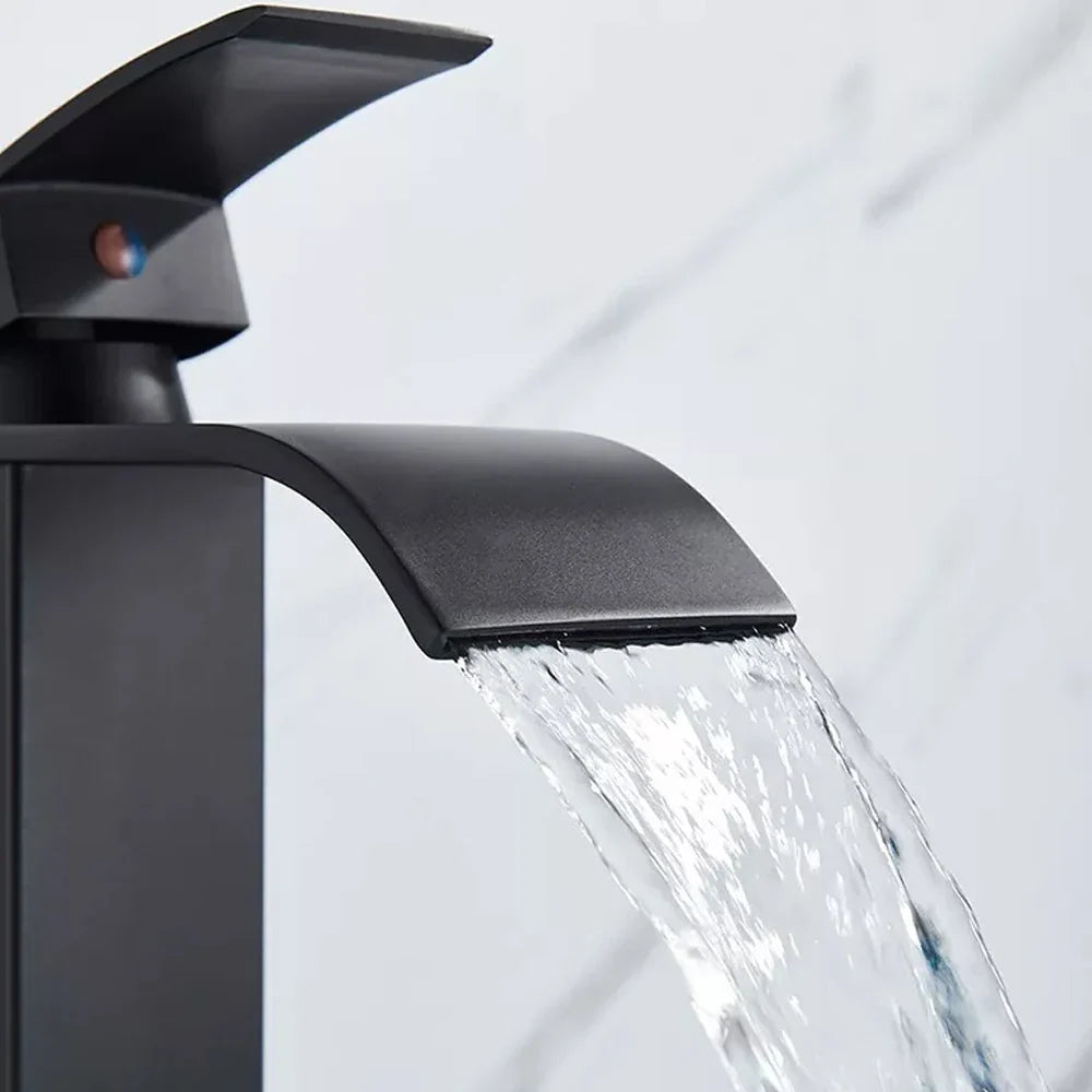 Black waterfall bathroom faucet Silcy Skin, single-hole deck-mount mixer for basin vanity on Tampa Home & Garden Store