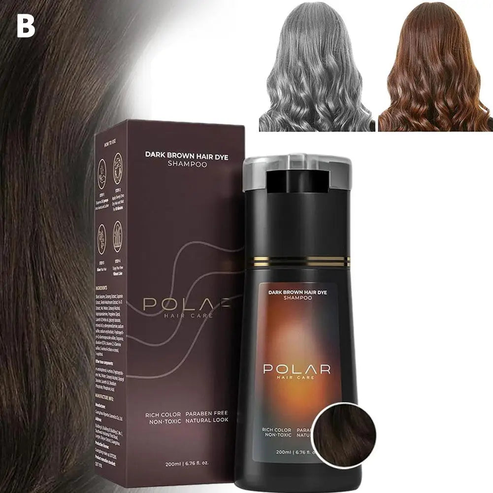 Dark brown hair dye shampoo bottle and box by Polar Hair Care, 200ml, black bottle with gold band on Tampa Home & Garden Store