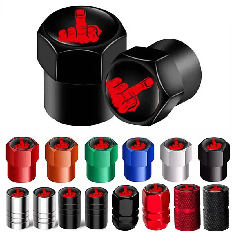 Aluminium valve stem caps set of 4 with black body and red middle-finger emblem on Tampa Home & Garden Store