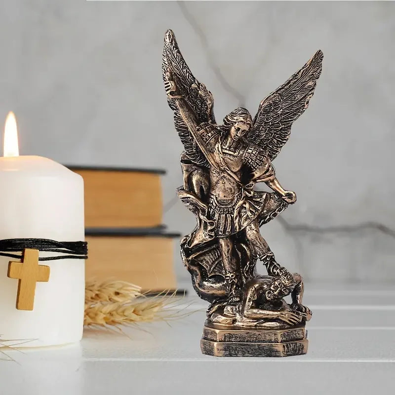 Saint Michael Archangel statue in bronze-tone resin, Perfecsy decor, figure slaying foe on Tampa Home & Garden Store
