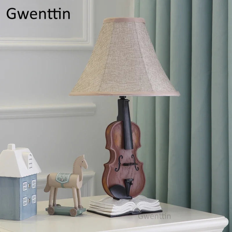 DecorBites Kids Violin LED table lamp with beige fabric shade atop a wooden violin base on Tampa Home & Garden Store