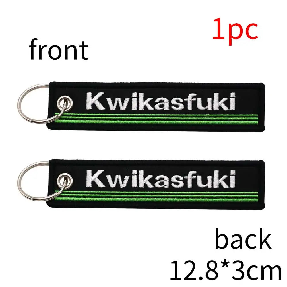 Kwikasfuki motorcycle keychain black fabric with white logo and green stripe 2 pcs by BikerZoneZ on Tampa Home & Garden Store