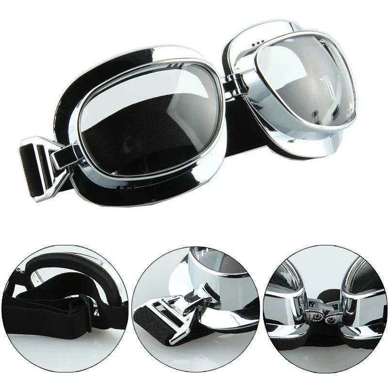 Motorcycle goggles chrome frame with black strap and tinted lenses for Harley by BikerZoneZ on Tampa Home & Garden Store