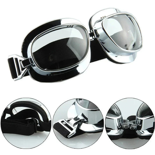 Motorcycle goggles chrome frame with black strap and tinted lenses for Harley by BikerZoneZ on Tampa Home & Garden Store