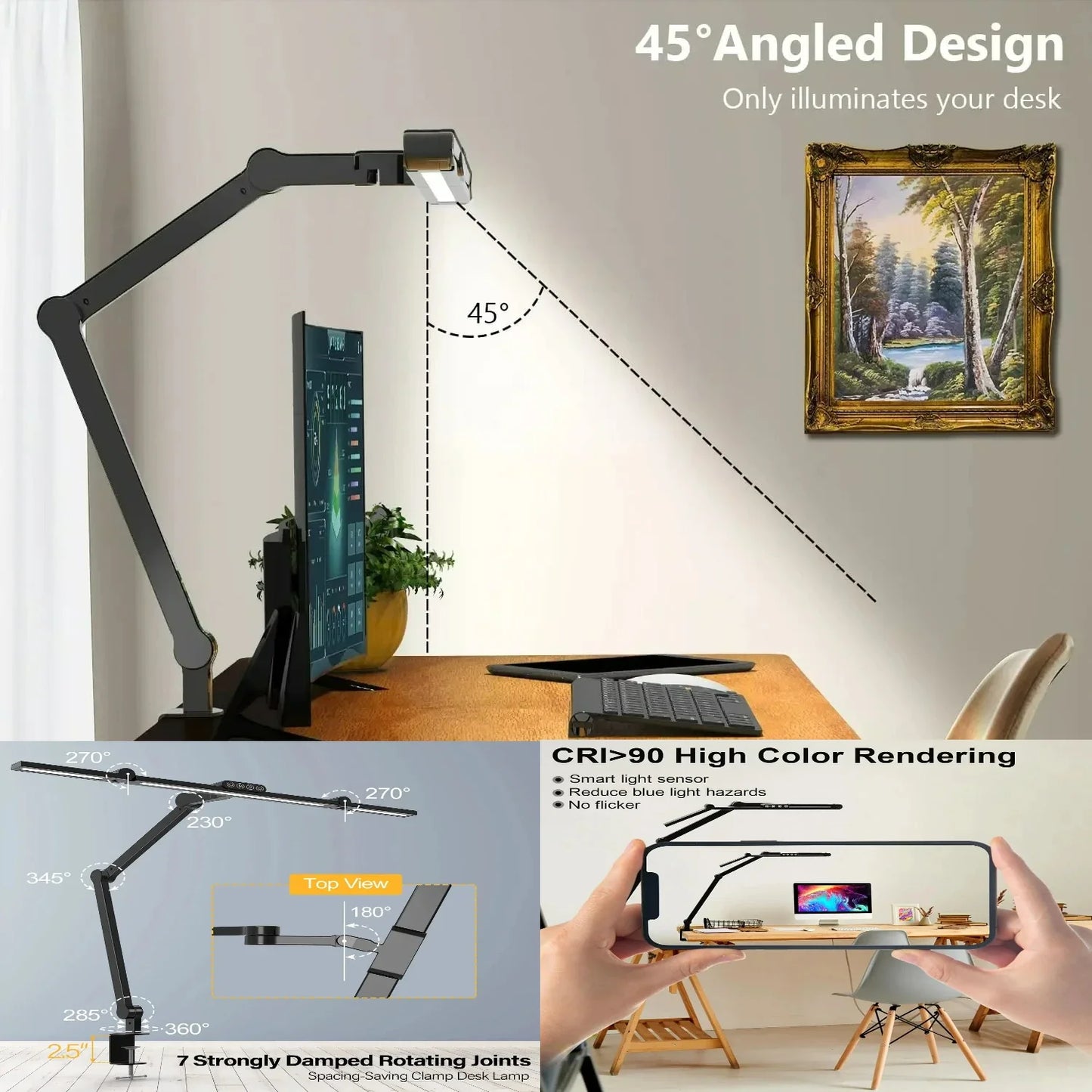 Perfecsy LED clamp desk lamp with 24W brightness, 45° angled design, stepless dimming on Tampa Home & Garden Store