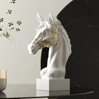 Perfecsy white resin horse head sculpture with gold bridle on white pedestal on Tampa Home & Garden Store