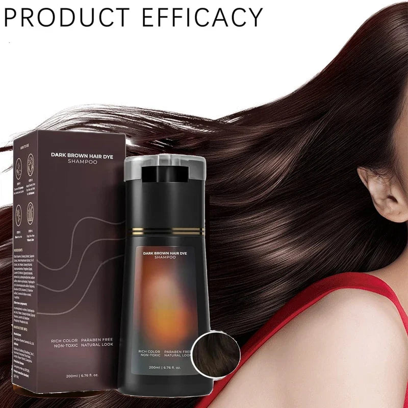 Dark brown hair dye shampoo bottle and box by Silcy Skin, 200ml for gray hair, with brown hair on Tampa Home & Garden Store