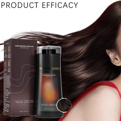 Dark brown hair dye shampoo bottle and box by Silcy Skin, 200ml for gray hair, with brown hair on Tampa Home & Garden Store
