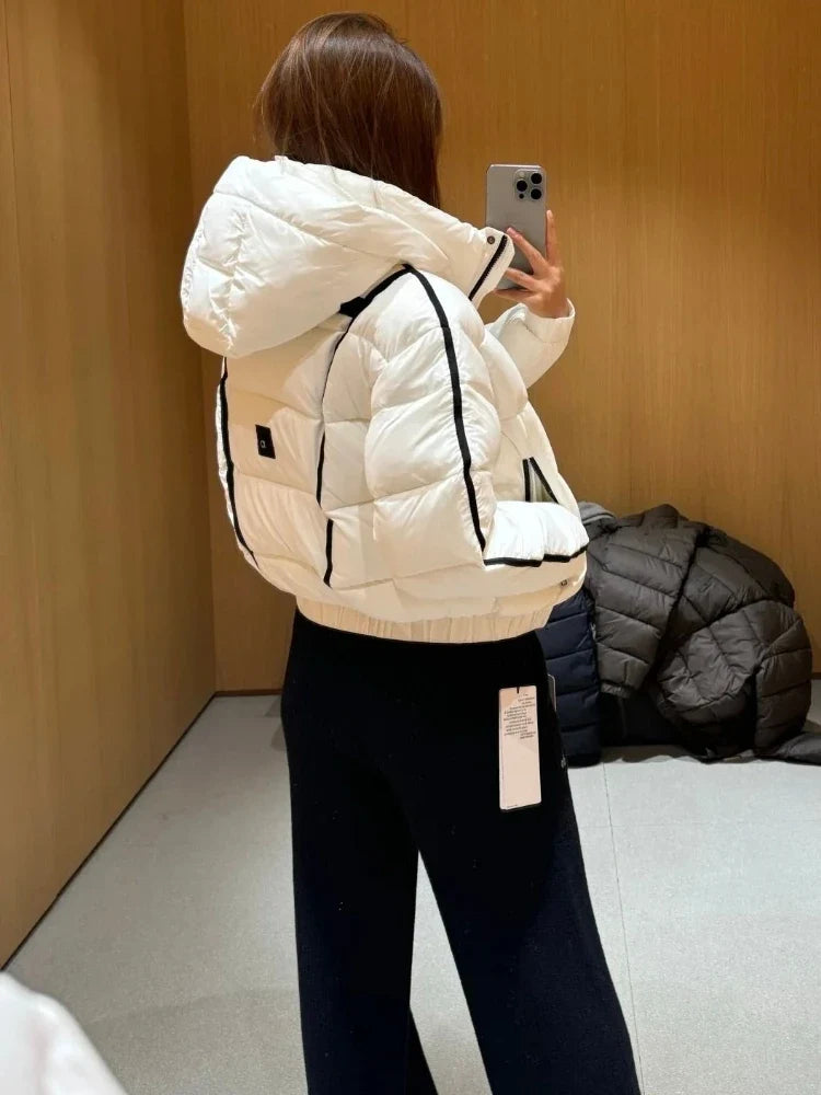 White hooded puffer jacket for women with thick padding and black piping by UpTrend Deals on Tampa Home & Garden Store