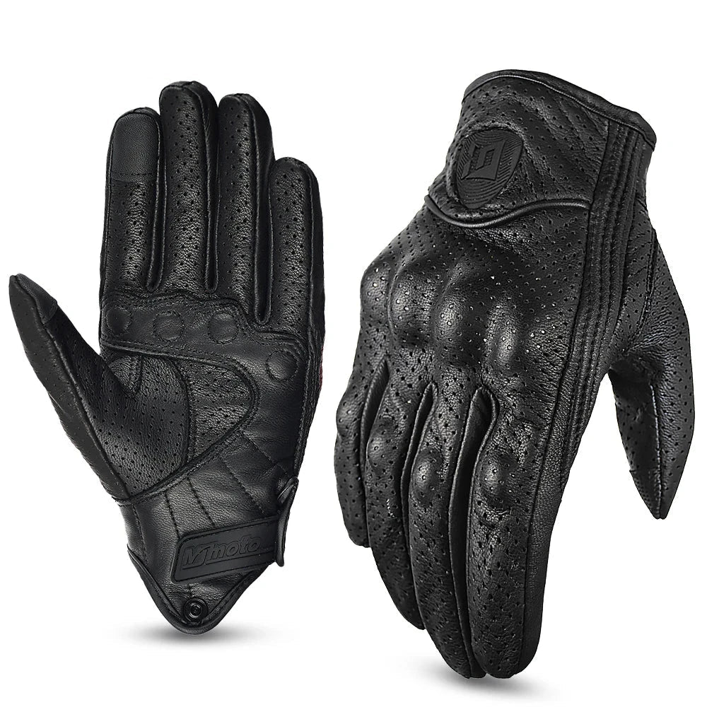 Motorcycle Retro Leather Gloves, black perforated leather riding gloves pair on Tampa Home & Garden Store