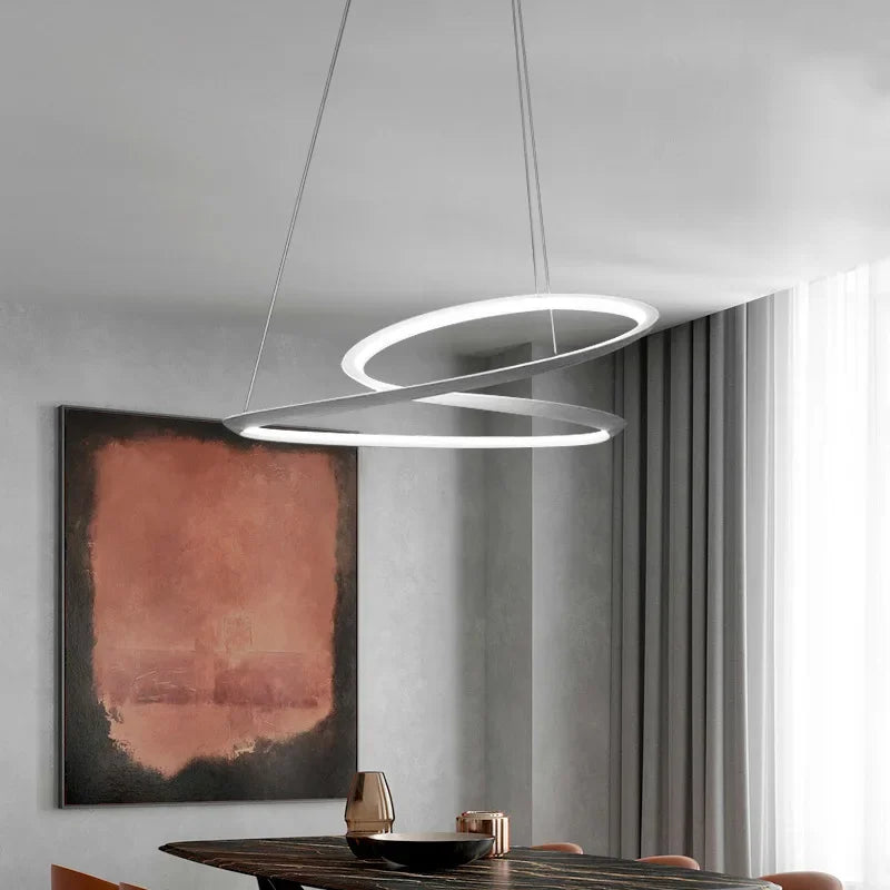 DecorBites Kepler Round LED chandelier white pendant lamp with twin rings over a dining table on Tampa Home & Garden Store