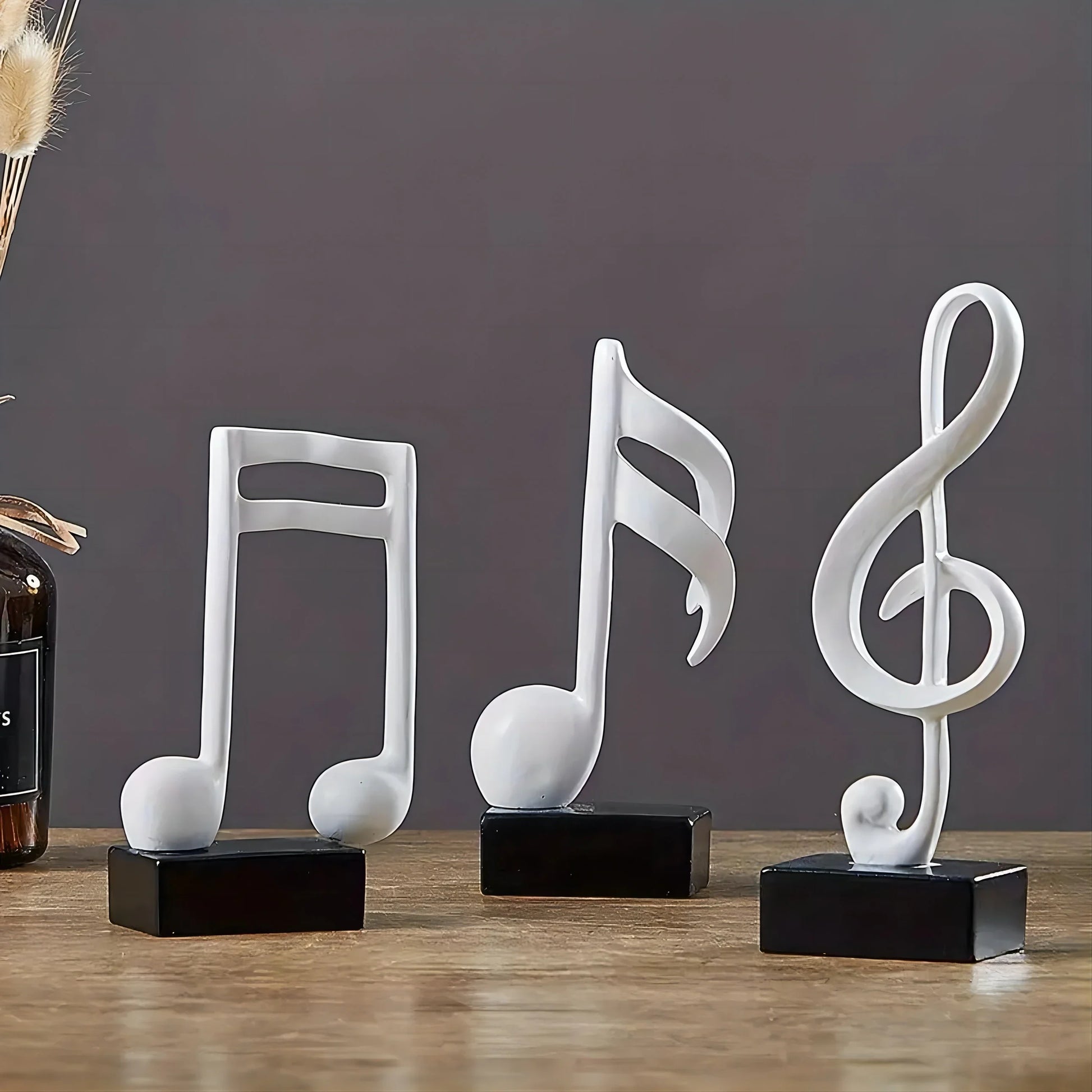 3-piece set of white music note sculptures on black square bases, modern decor centerpiece on Tampa Home & Garden Store