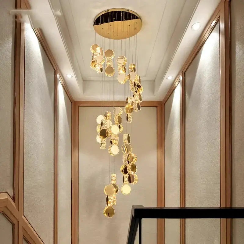 DecorBites LED pendant chandelier with cascading gold discs in hallway modern lighting on Tampa Home & Garden Store